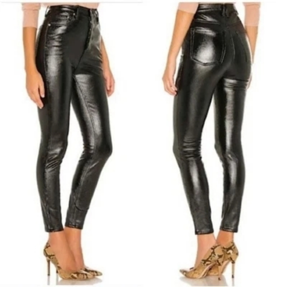 Free People We The Free Pheonix Coated Liquid Black Pleather Button Fly Jeans 25